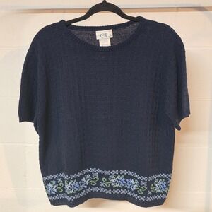 NWT Vintage CRICKET LANE Navy Blue Floral Border Knit Short Sleeve Top Women L‎